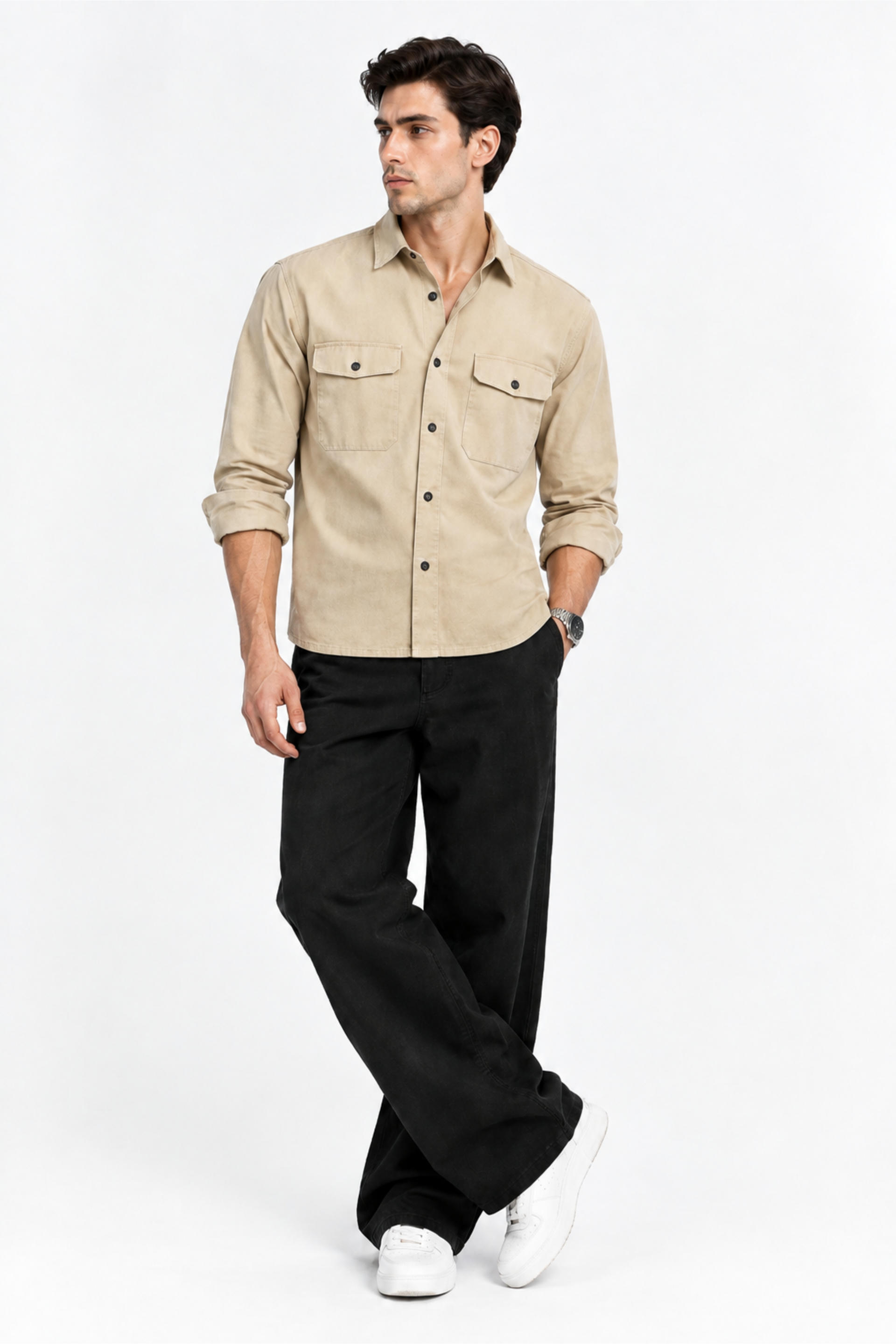 Men’s Beige Flap Pocket Utility Shirt – Long Sleeve