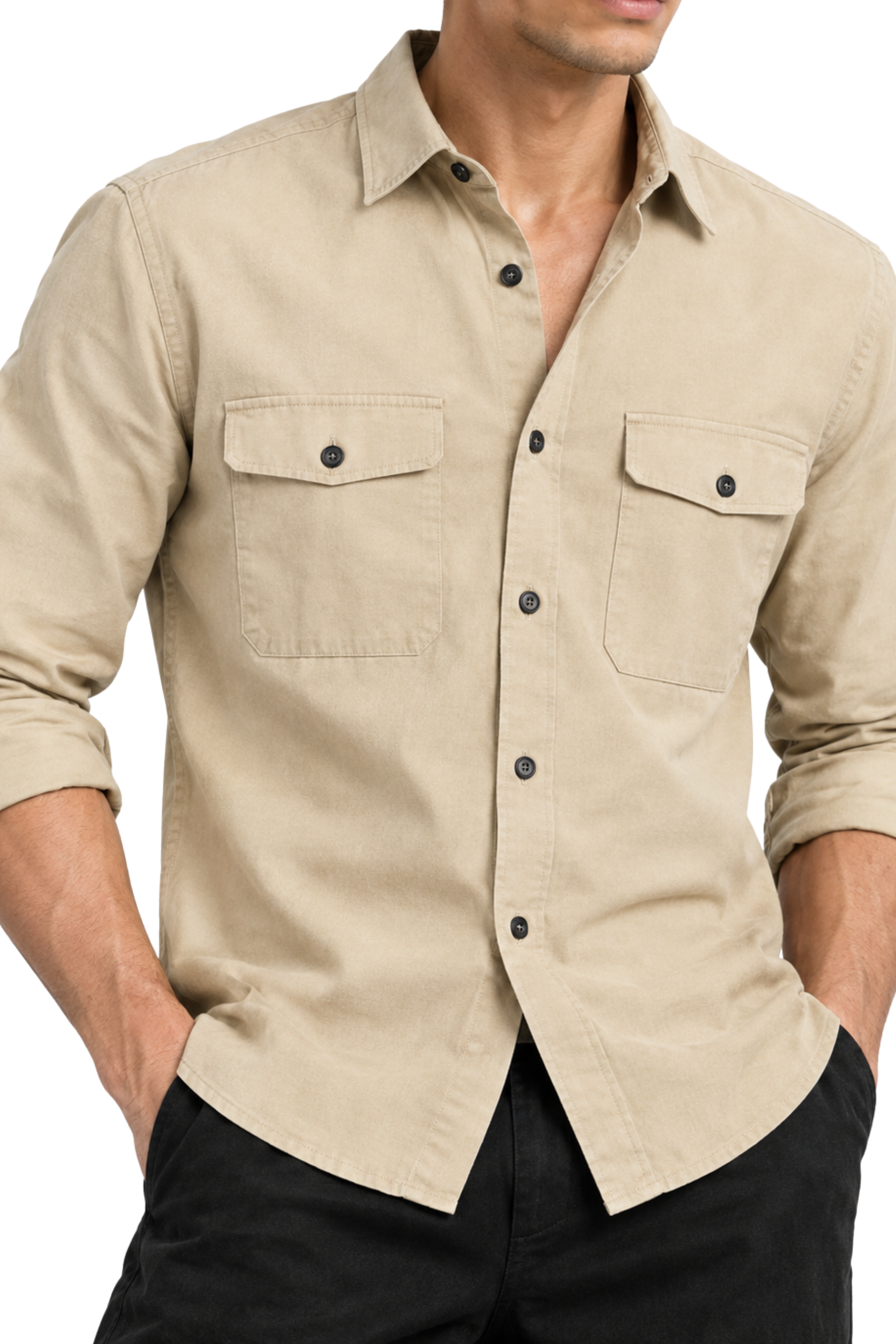 Men’s Beige Flap Pocket Utility Shirt – Long Sleeve
