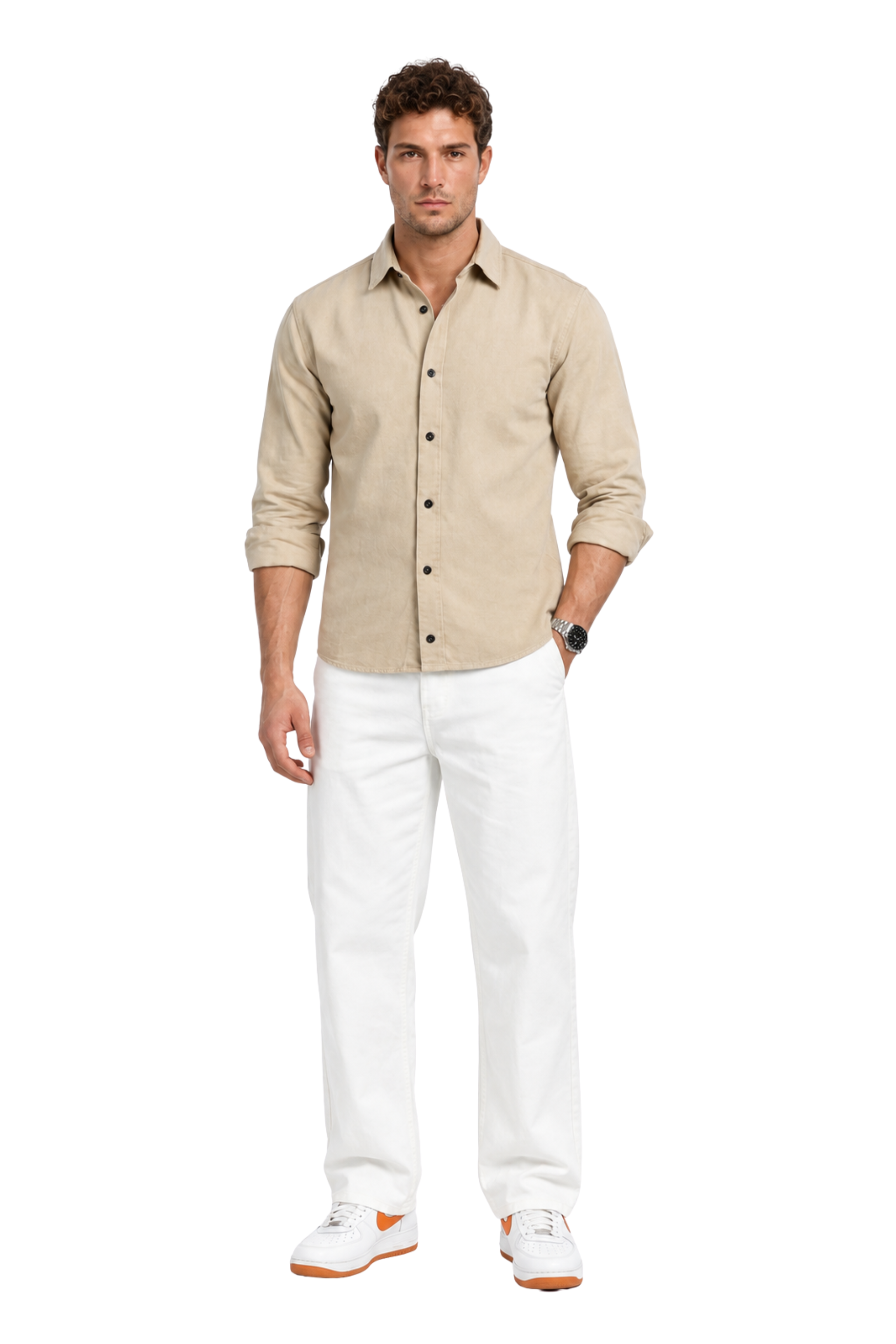 Men’s Beige Classic Button-Down Shirt – Long Sleeve