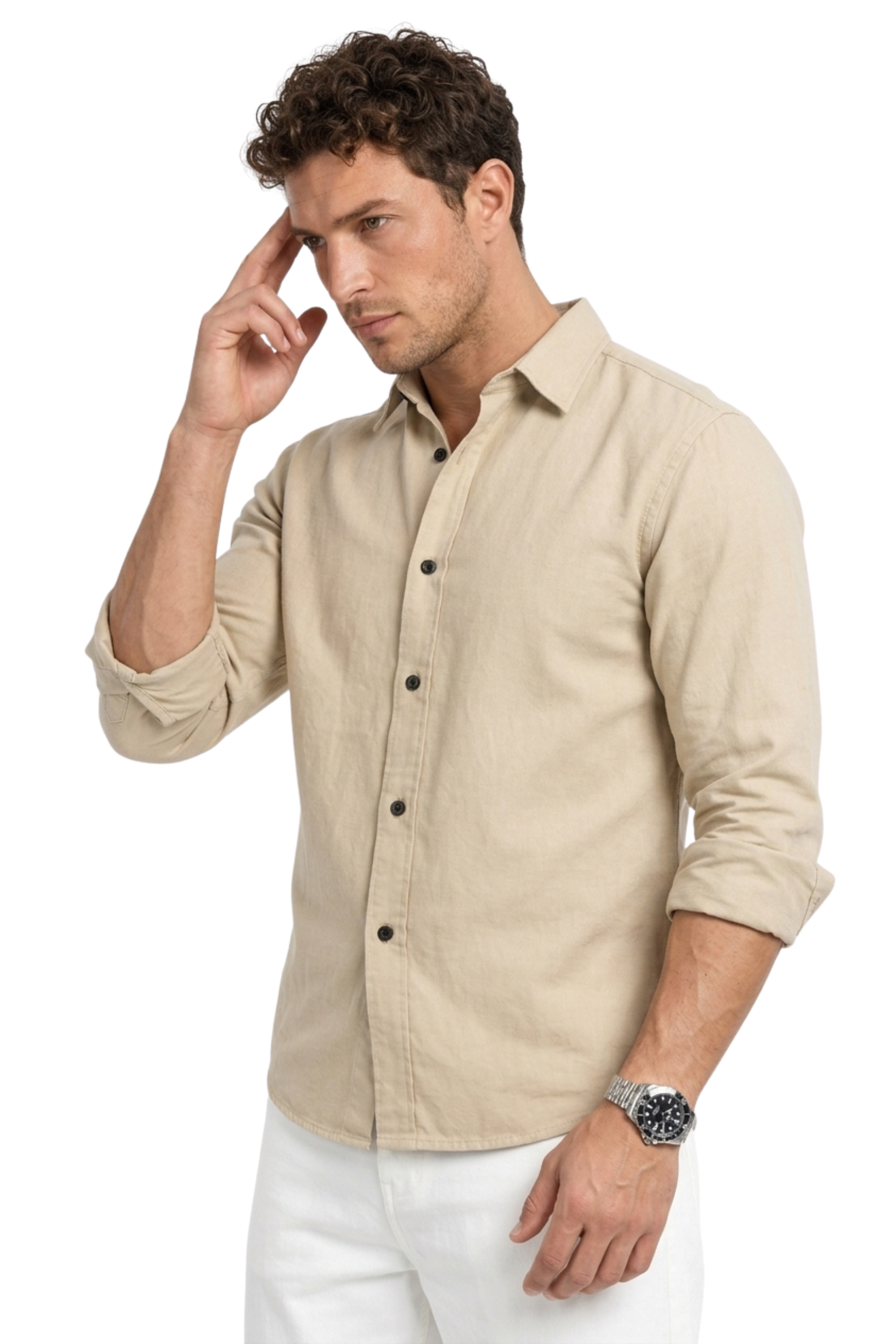 Men’s Beige Classic Button-Down Shirt – Long Sleeve