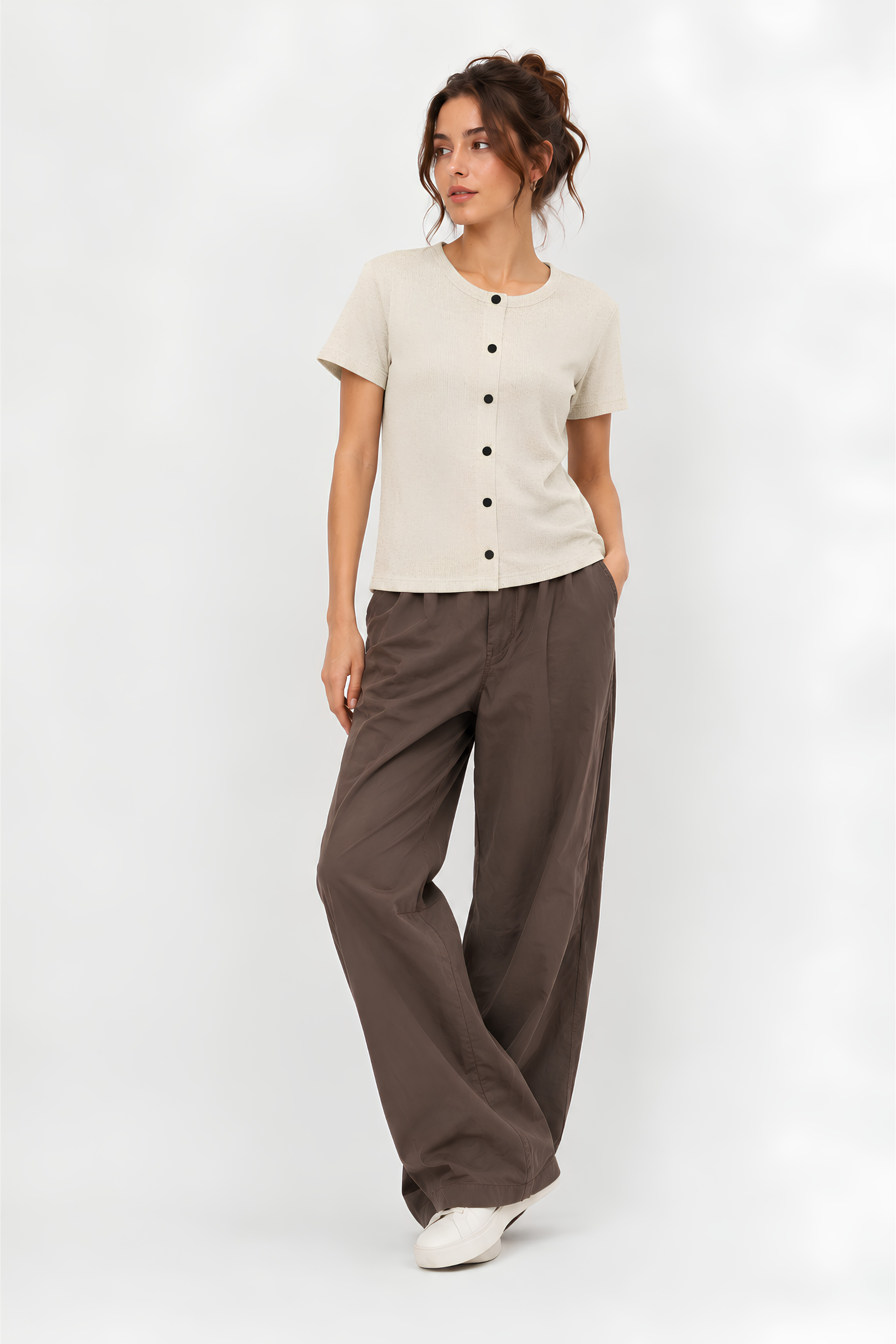 Women's Ribbed Button-Front Short Sleeve Top