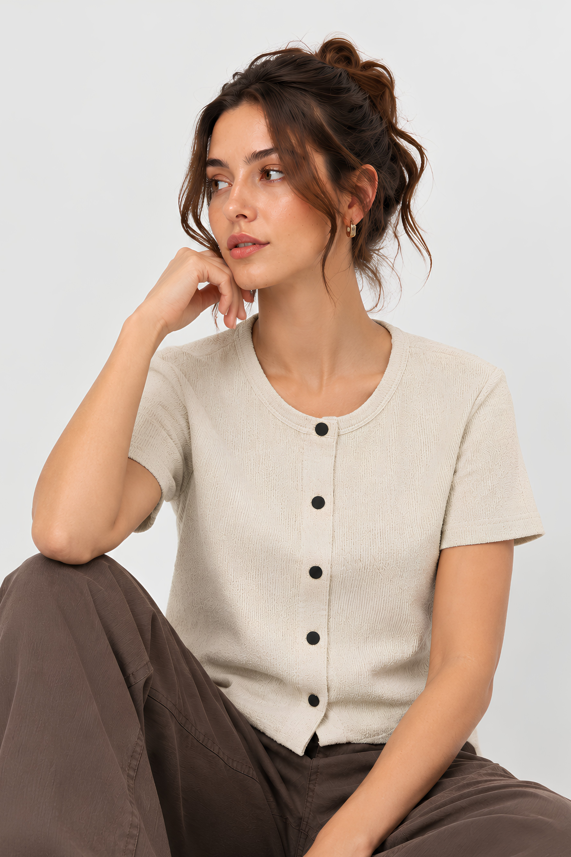 Women's Ribbed Button-Front Short Sleeve Top