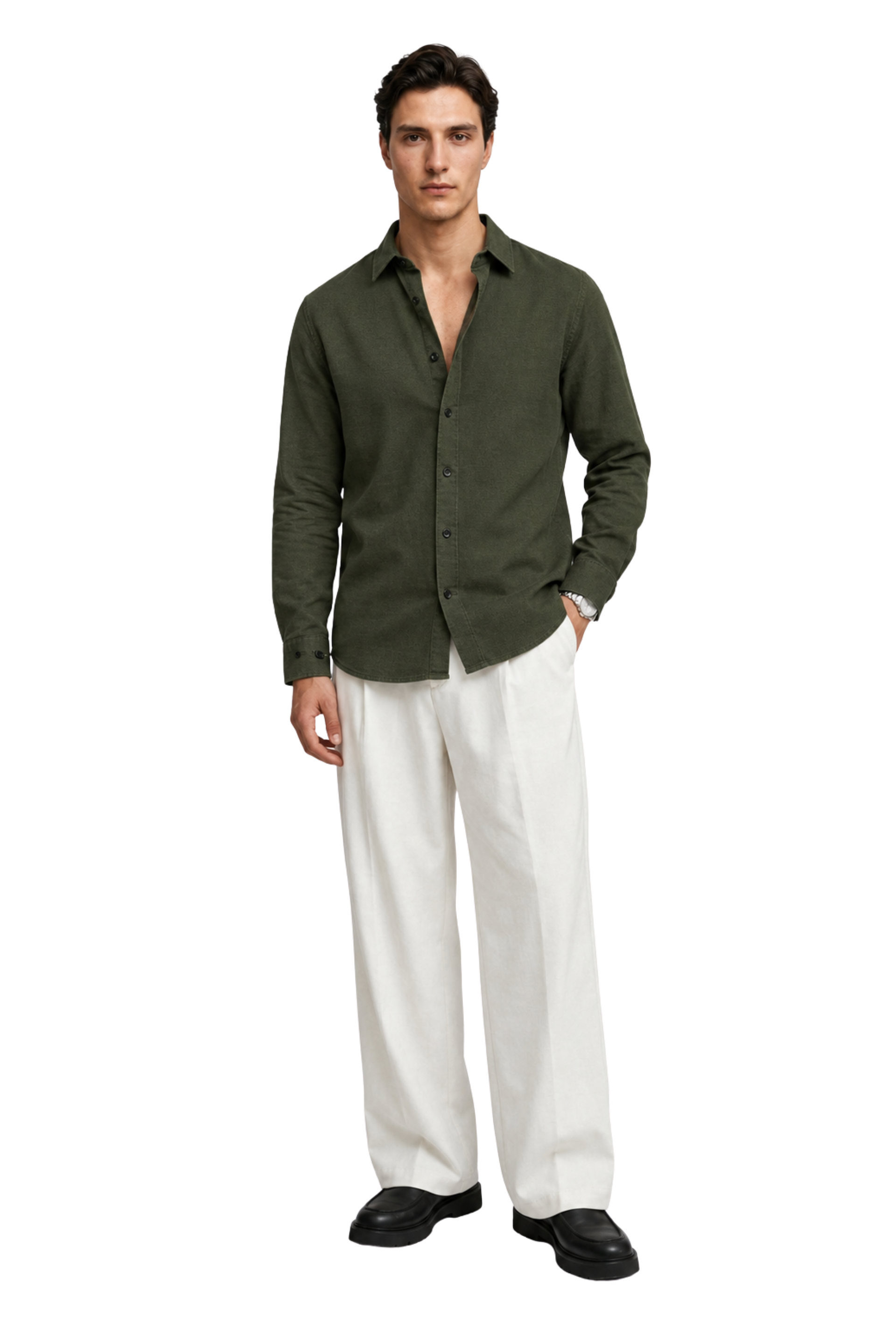 Men’s Olive Green Classic Button-Down Shirt – Long Sleeve