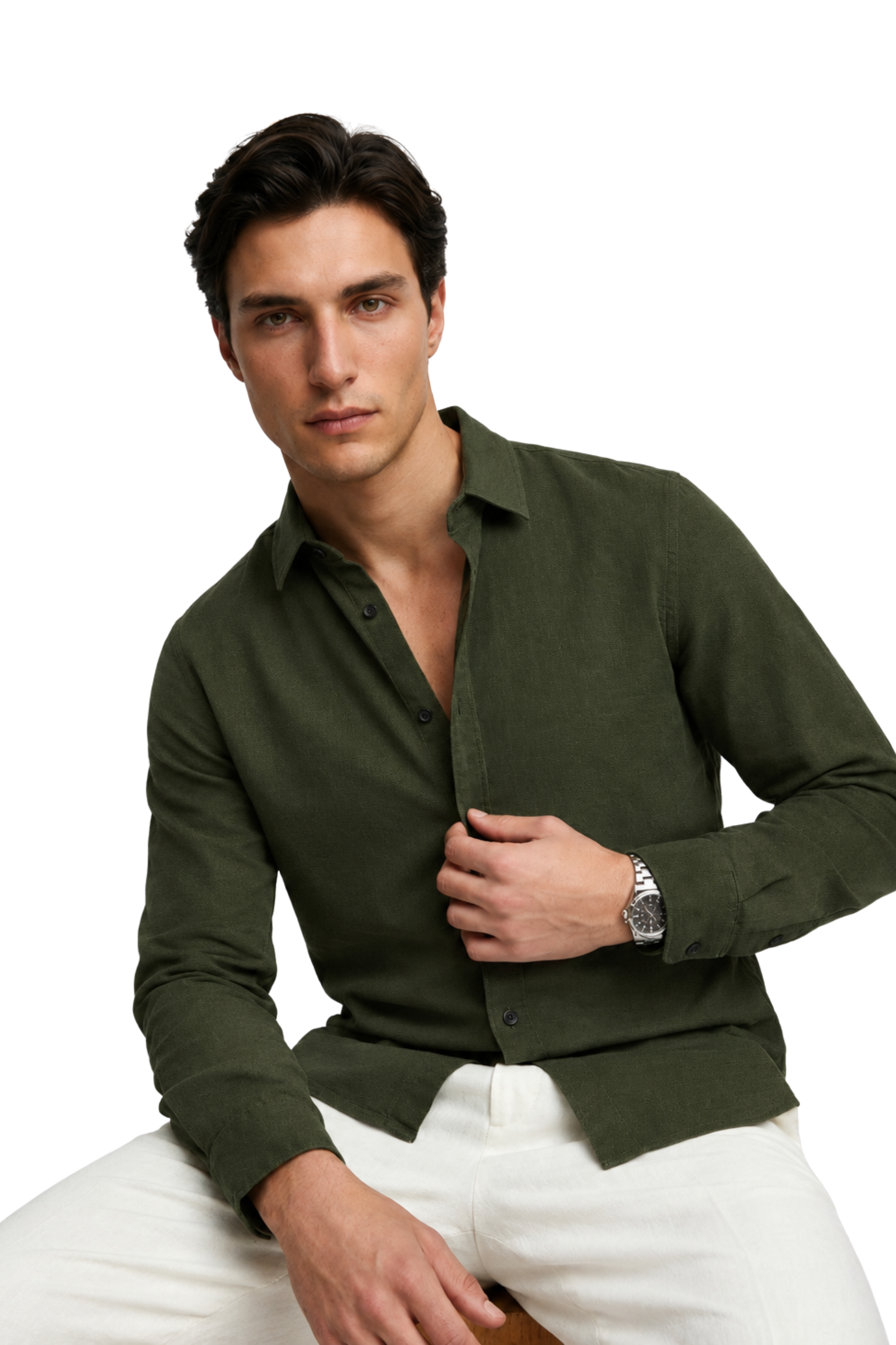 Men’s Olive Green Classic Button-Down Shirt – Long Sleeve